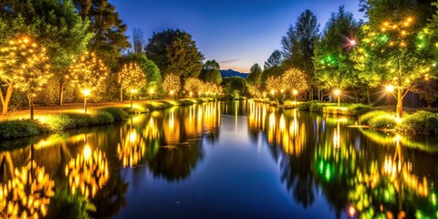 Symmetrical glowing lights shining in a river with bushes and trees around