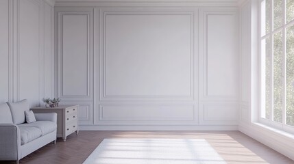 White Living Room Interior with Sofa and Art Decor - Canvas Poster Mockup on Molding Wall, 3D Render