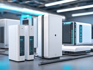 A row of white servers in a futuristic data center.