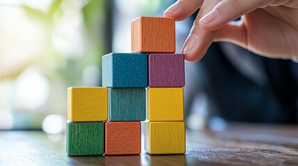 Business Team Building Goal Colleagues stacking blocks, collaborative goals, no face, flat design illustration