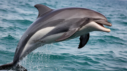 Naklejka premium A dolphin is leaping out of the water, its mouth wide open. The scene is lively and full of energy, with the dolphin's playful expression and the splashing water creating a sense of excitement and joy