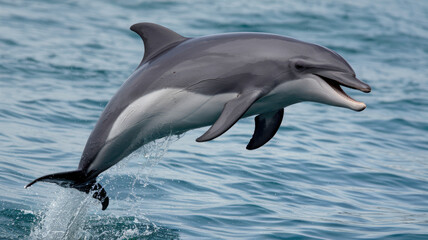 Naklejka premium A dolphin is leaping out of the water, its mouth open and teeth bared. The scene is lively and energetic, with the dolphin's playful demeanor and the dynamic motion of the water