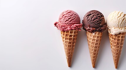 Three scoops of ice cream in waffle cones, strawberry, chocolate and vanilla on a white background.