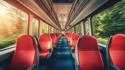Interior of a Modern Train with Empty Red Seats