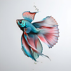 Obraz premium pearl red-azur color Betta fish with long tail and fins posing against white background. Digital artwork. Ai generated