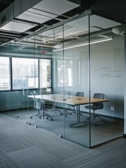 Fototapeta premium A modern conference room with glass walls, a wooden table, and six chairs.