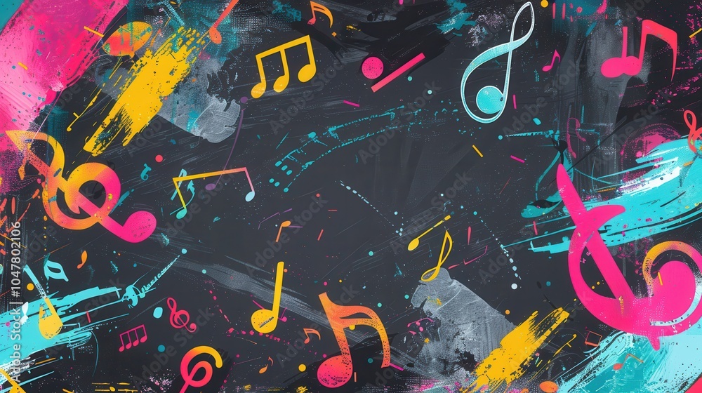 Poster colorful brushstrokes blend with musical notes on a chalkboard, showcasing an artistic fusion of mus