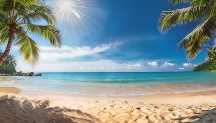Fototapeta premium Enjoying a serene day on a tropical beach with golden sand and palm trees under a bright sunny sky. Generative AI