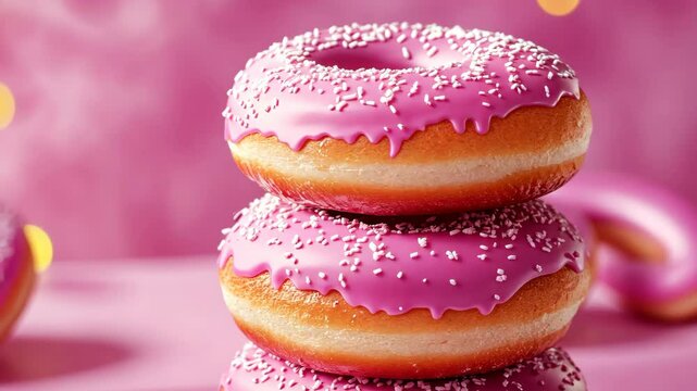 Three pink glazed donuts with white sprinkles are stacked on top of each other on a pink background