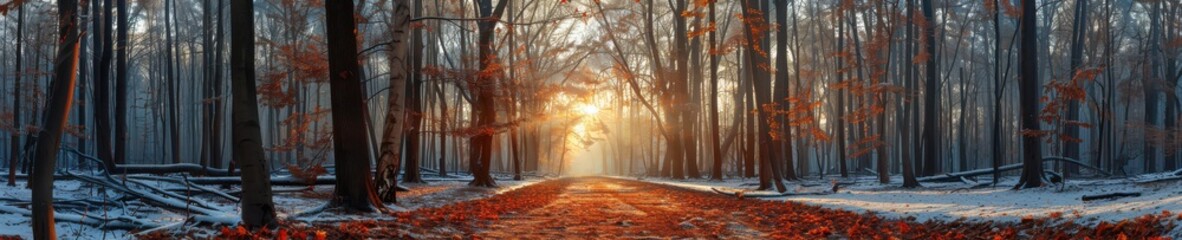 Atmospheric autumn forest with a sunlit path covered in orange leaves, creating a magical setting. Free copy space for banner.