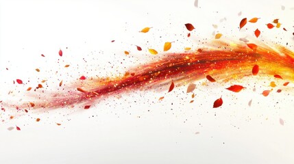 Abstract autumn background with falling leaves and vibrant red and gold light trails, isolated on white
