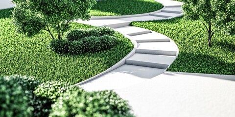 A winding concrete pathway leads up a set of steps through a lush green landscape.