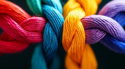 Colorful threads intricately twisted together, showcasing a vibrant mix of shades against a dark background. Ideal for creativity and design themes.