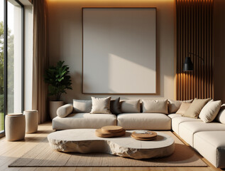 Scandinavian-Japanese Fusion Interior Mockup Featuring Blank Canvas in Simple Black Frame on Light Wood Floor