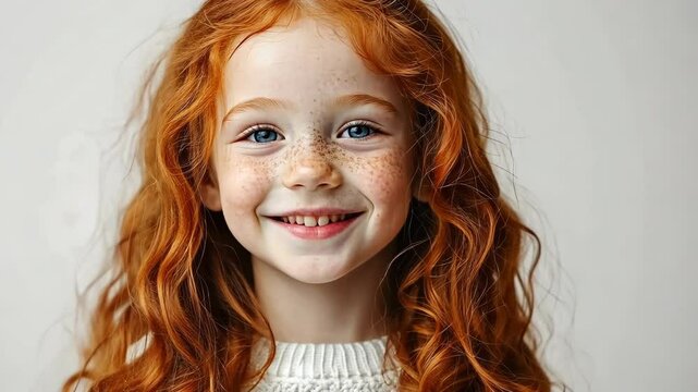 A young girl with long red hair smiles for the camera