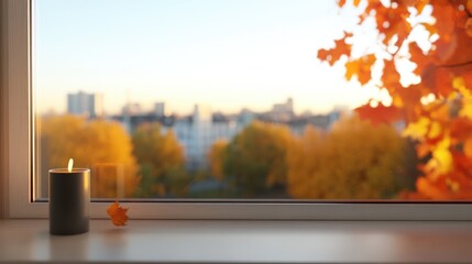 A lit candle sits on a windowsill against a blurred background showcasing vibrant autumn foliage with a soft, golden hue across the urban landscape.