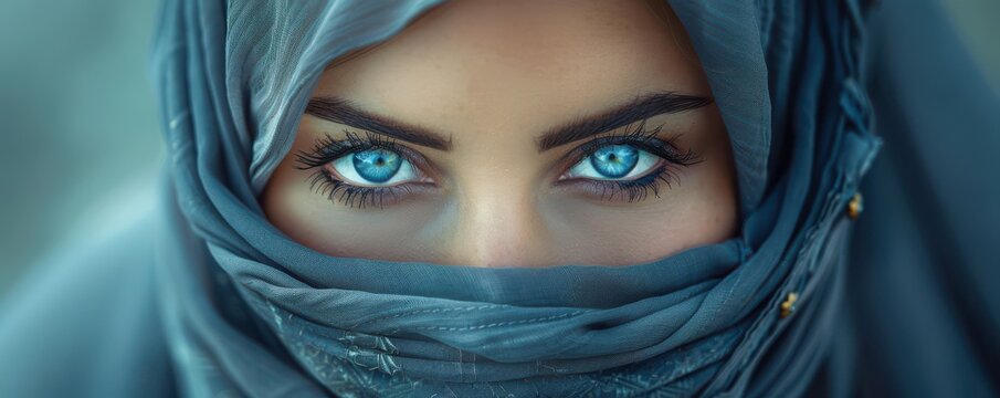 Close-up portrait of a woman with piercing blue eyes, wearing a gray hijab, captivating gaze.