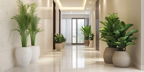 Bright hallway with sleek potted plants and natural lighting