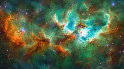 Obraz premium A vibrant nebula in space with bright stars and glowing gas clouds.