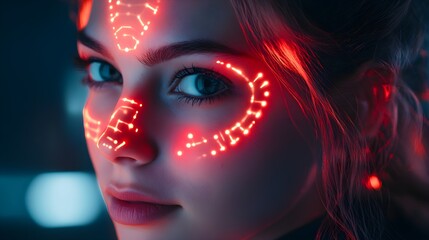 A young woman with biometric scanning pattern over her face, neon lights softly illuminating the contours, tech-focused ambiance, minimalistic dark backdrop