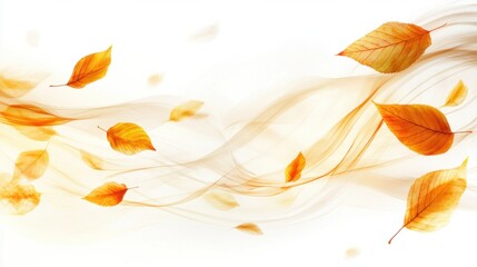 Elegant autumn abstract with swirling golden leaves and soft glowing light in warm tones, isolated on white