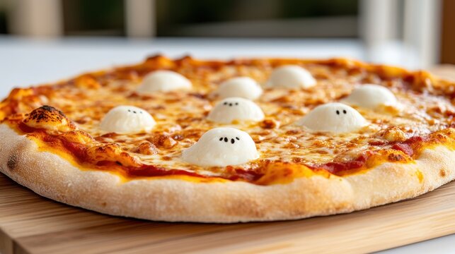 A traditionally baked cheese pizza garnished with multiple ghost-shaped toppings, boasting a classic crust and evocative of seasonal festivities or theme events.