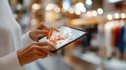 A close-up of hands actively engaging with a tablet while in a bustling store space, capturing the dynamic interaction and engagement with technology in a modern context.