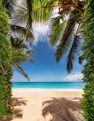 Fototapeta premium A breathtaking sandy beach framed by palm trees and a sparkling turquoise sea under a clear blue sky. Generative AI