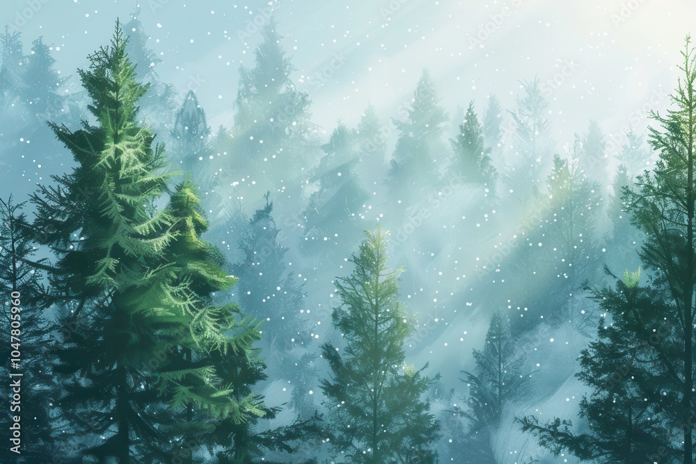 Aufkleber tall pine trees stand gracefully in a snow-covered forest, bathed in gentle sunlight that filters th