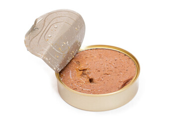 Opened Tin Can with Chicken Liver Pate Isolated on White Background. Open Canned Pate - Isolation