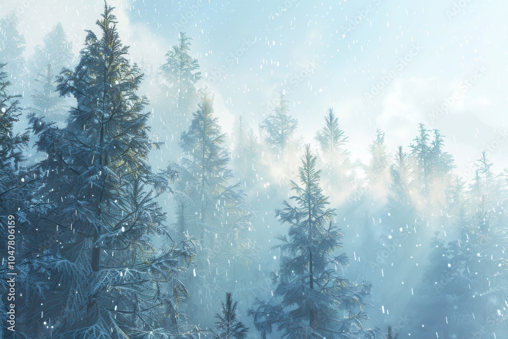 Poster tall pine trees stand majestically in a snow-covered forest, creating a tranquil winter atmosphere a