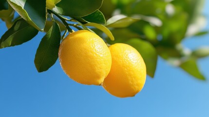 Image of two ripe, vibrant yellow lemons hanging on a tree branch, illuminated by sunlight and set against a clear blue sky, symbolizing natural abundance.