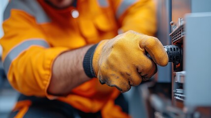 A technician wearing gloves is carefully tightening a component on a large, complex industrial system, demonstrating concentration and expertise in a mechanical environment.
