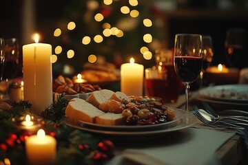 Cozy Christmas Dinner Setting with Candlelight and Festive Decor