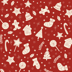 Christmas tree, glove, house, warm, holidays card, red, blue, stars pattern for gift wrap 