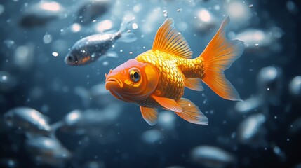A golden fish, full of life, glides effortlessly through a sea of dull silver fish, standing out with its vibrant hue and graceful motion