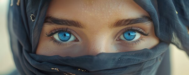 Naklejka premium Close-up portrait of a woman with piercing blue eyes, wearing a gray hijab, captivating gaze.