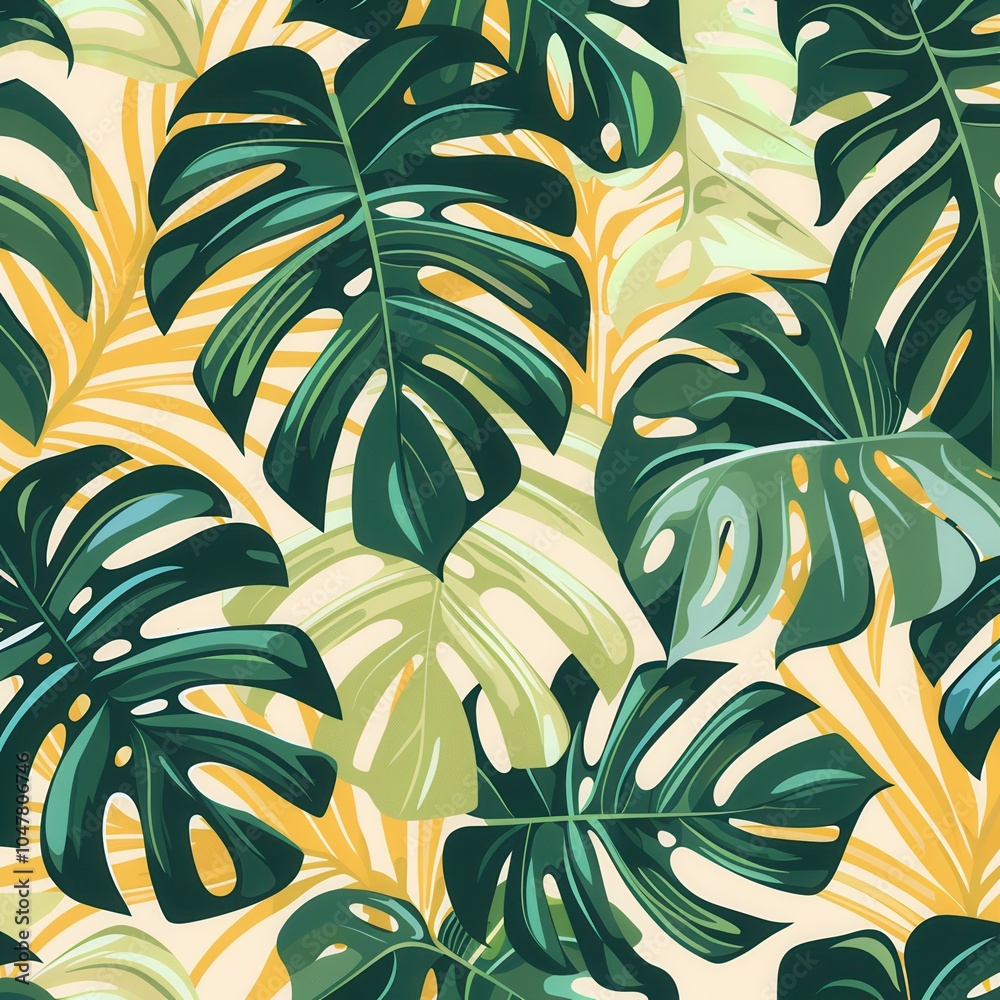 Aufkleber this colorful pattern showcases large monstera and palm leaves in various shades of green and yellow