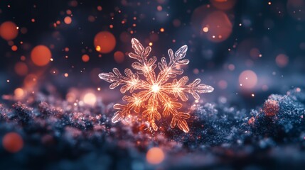 Fototapeta premium A lone snowflake, brilliantly lit as it descends through the sky, its symmetrical, icy design highlighted among millions of soft, blurred flakes