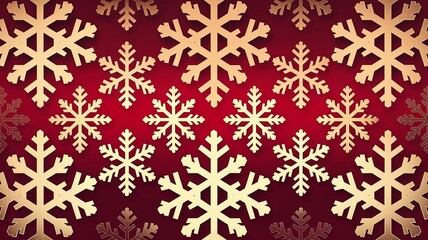 Festive wrapping paper background featuring an elegant red design with gold snowflakes of various sizes