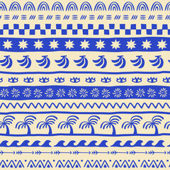 Stoffe zum Nähen Retro hand drawn tropical summer seamless pattern. Traditional indian tapestry style background illustration. Vintage exotic nature textile print, jungle palm tree texture.