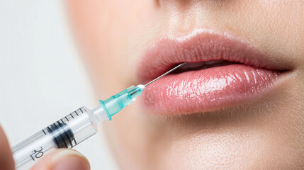 A close up of hand holding syringe near persons lips, suggesting cosmetic procedure. image evokes sense of anticipation and transformation