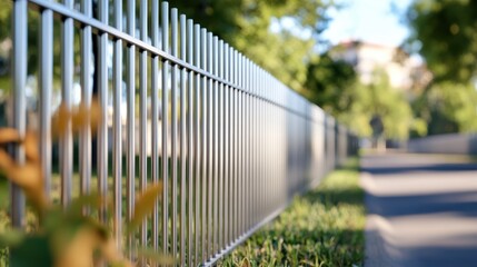 A stylish vertical metal fence lines a sun-drenched urban path, standing out against foliage and creating a sense of order, security, and modern elegance.