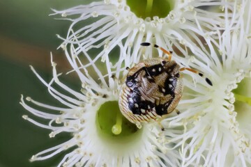Close-up of Shield Bug nymph (Anischys luteovarius) on eucalyptus flowers, South Australia
