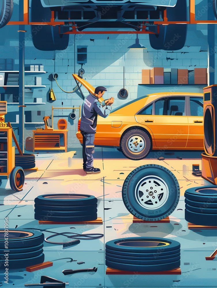 Poster a car mechanic is actively changing tires in a busy workshop filled with equipment and tires scatter