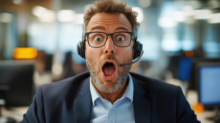 Fototapeta premium Businessman wearing a headset and glasses looks shocked while in an office setting, capturing a moment of shock and surprise while at work in a corporate environment.
