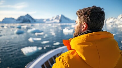 Fototapeta premium A man wearing a bright orange jacket gazes thoughtfully at the breathtaking icy Arctic landscape, embodying reflection and wonder amidst nature's grand spectacle.