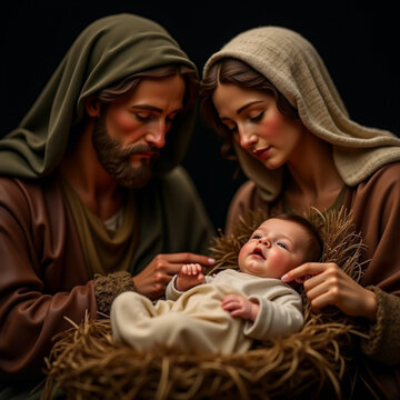 Retrato figuras de bel&eacute;n navide&ntilde;o cristiano Jes&uacute;s en el pesebre junto a la virgen Maria y a San Jos&eacute;