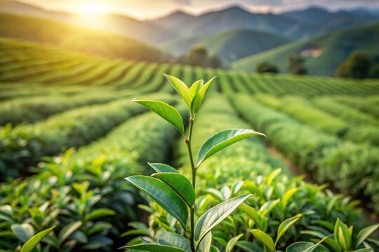 Symmetrical green tea bud and fresh leaves on tea plantations