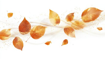 Fototapeta premium Vibrant fall abstract with glowing golden leaves and soft light trails, isolated on white
